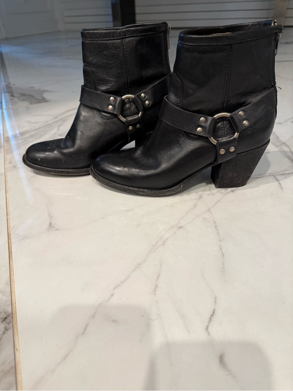 Frye Black Leather Harness Ankle Boots with Studded Ring